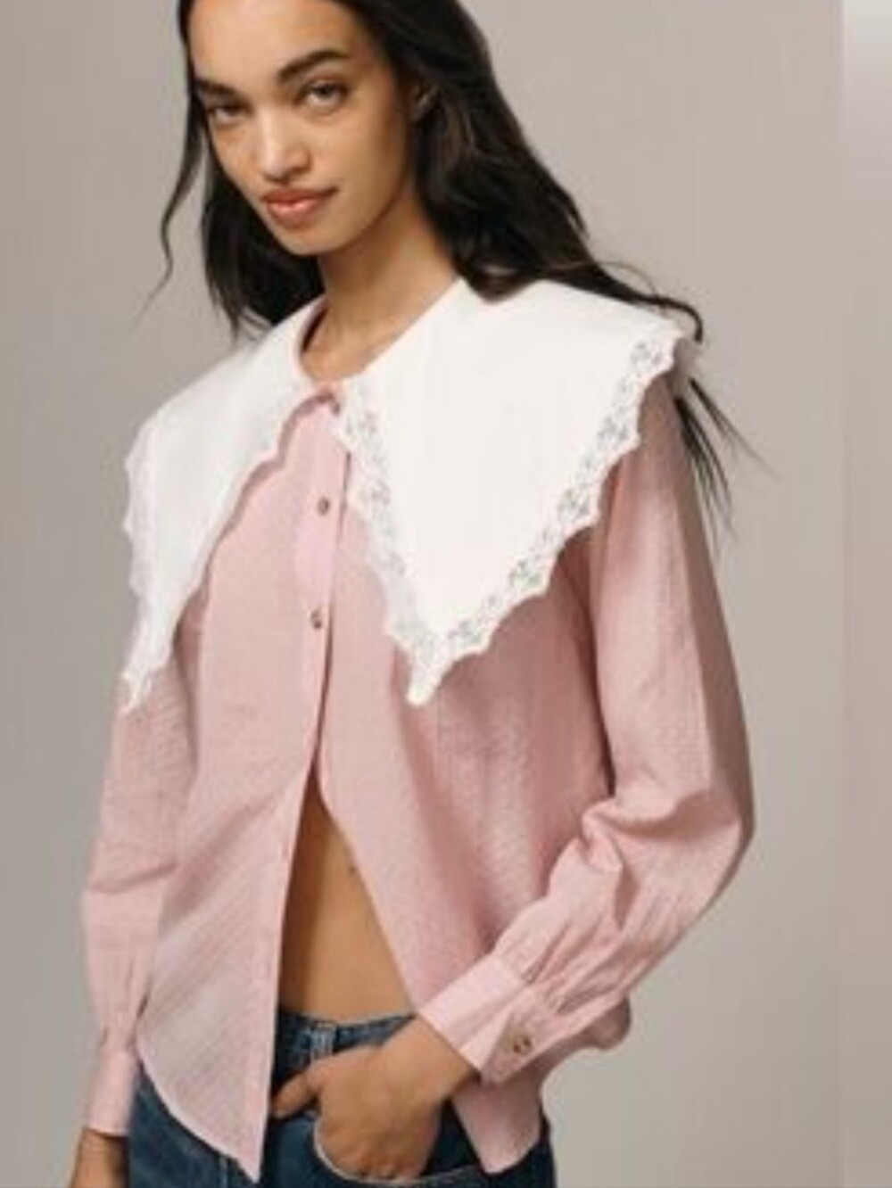 Anthropologie Pink Blouse Button-Down Top with White Lace Collar